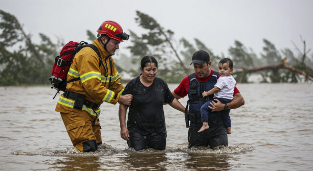 firefighter-rescuing-family-flood (1) (1) Banjir di Sumatera, Antara Krisis Ekologis, Ulah Manusia, dan Tanggung Jawab sebagai Khalifah (Sumber: Freepik)